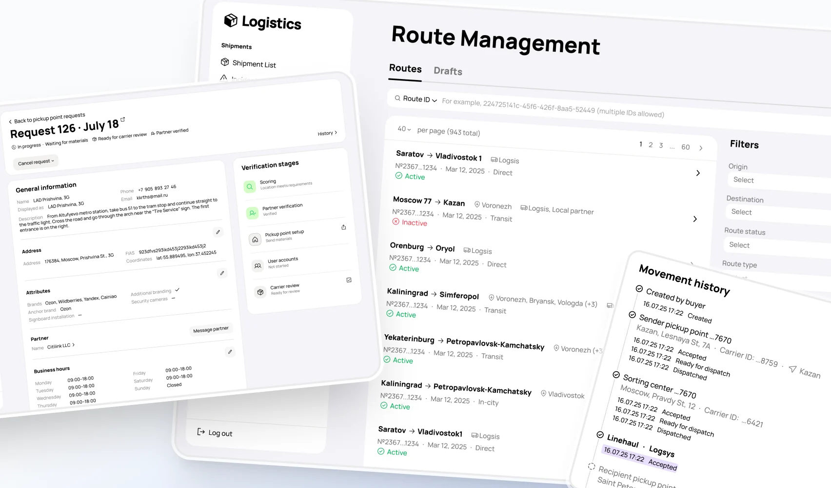 Avito logistics operations platform shown across route and pickup-point workflows.