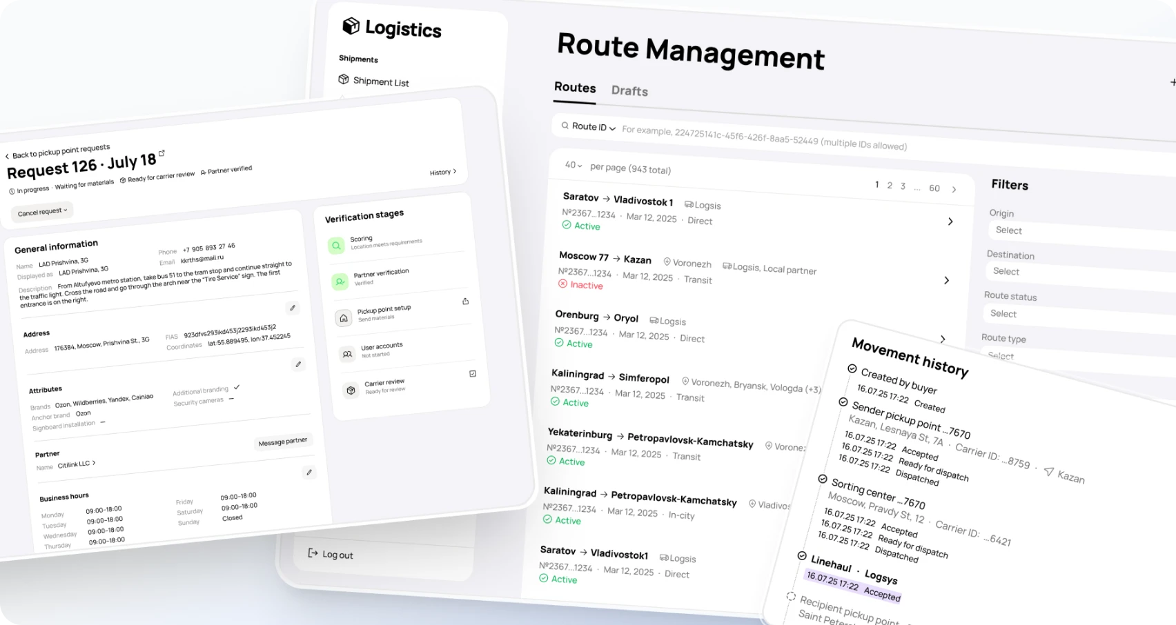 Avito logistics platform screens for route management and pickup-point requests.