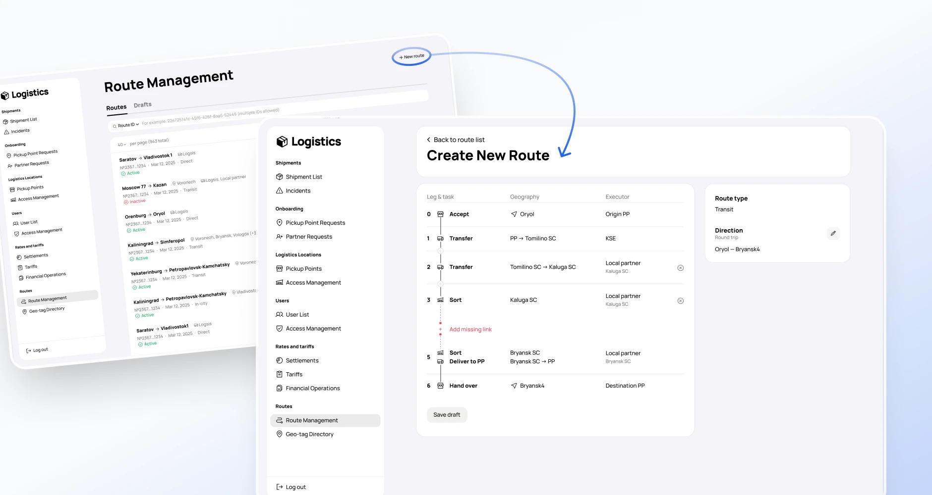 Route management leading to a route editor with a missing link highlighted.