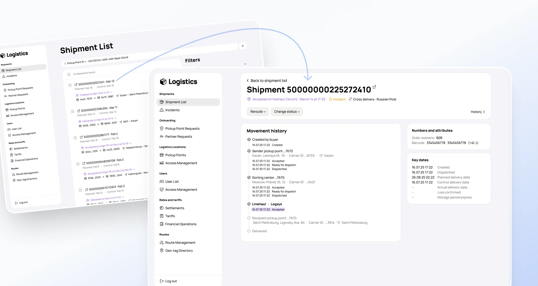 Shipment detail with status, movement history, and key dates.