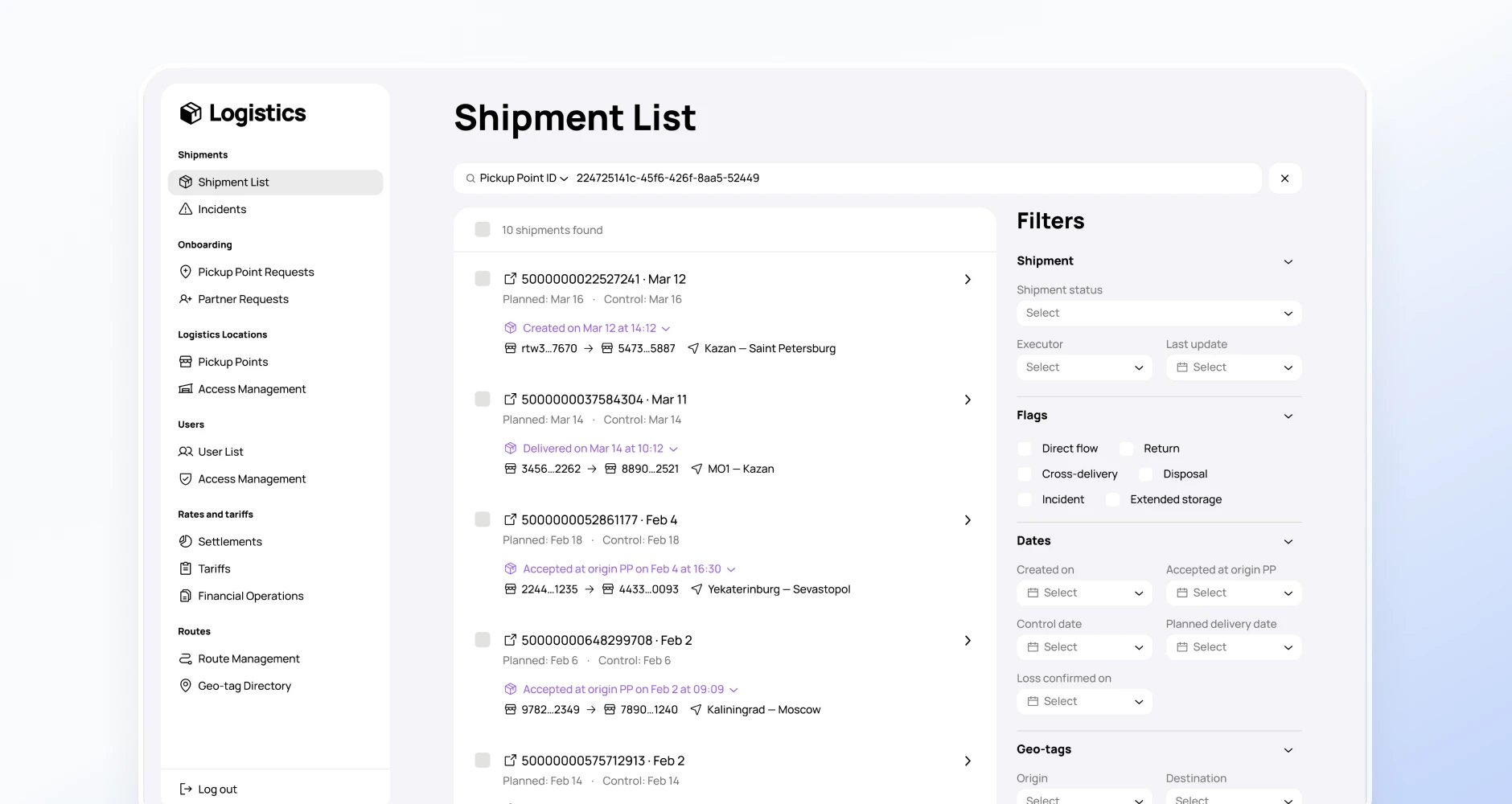 Shipment list with statuses and operational filters.